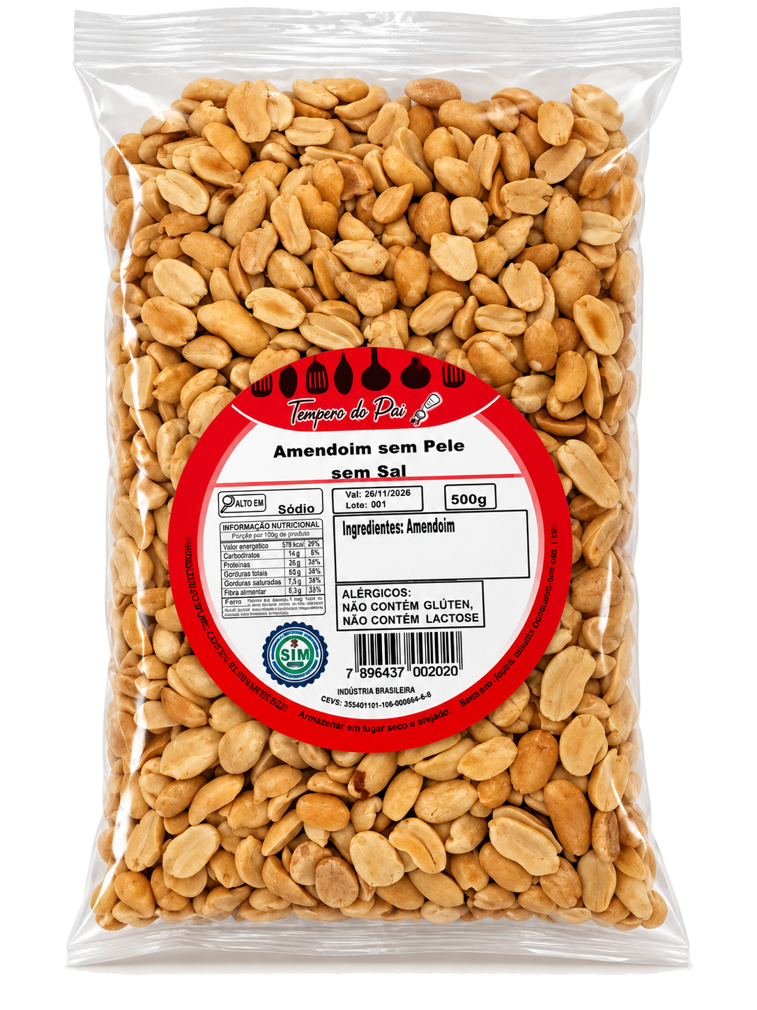 AMENDOIM SEM PELE SEM SAL 500G